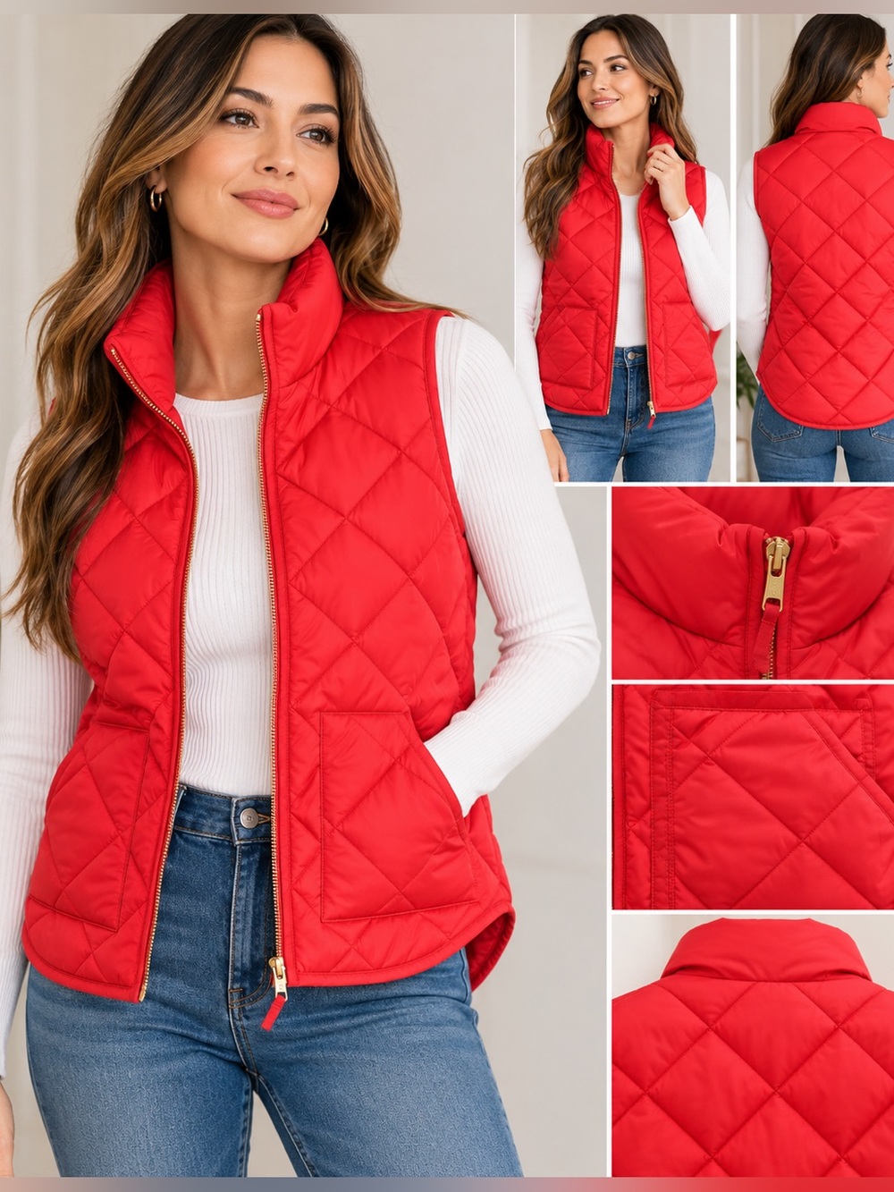 J. Crew Red Quilted Puffer Vest with Gold Zipper